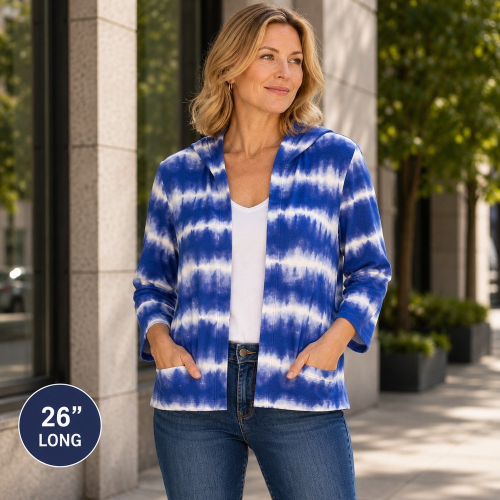 Weekends by Chicos Blue Tie Dye Open Front Hooded Cardigan Jacket Size 3 XL